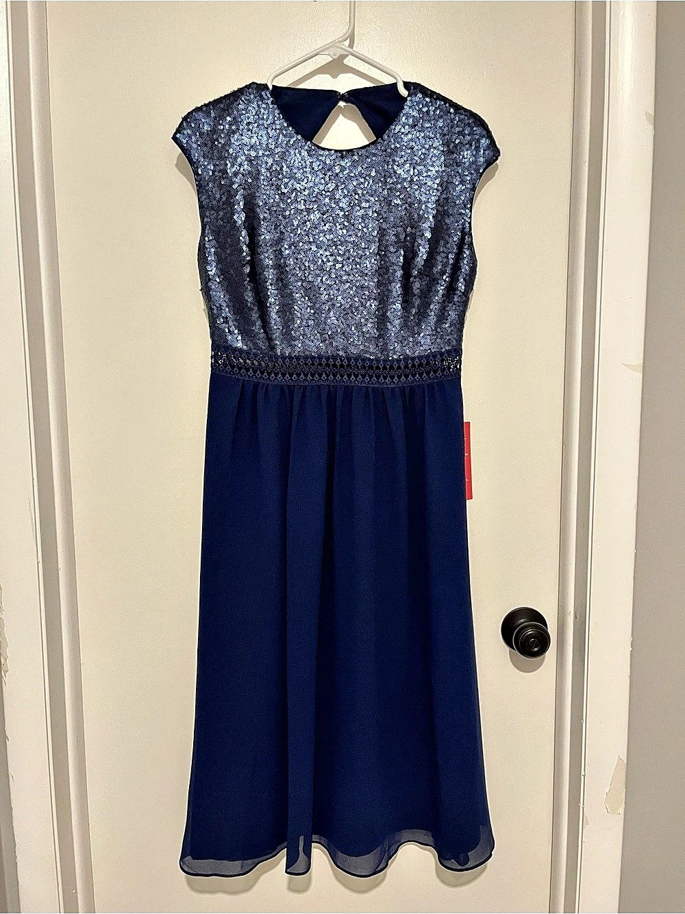 Truth & Fable Women's Sequin Bodice Chiffon Midi Dress Navy Blue- Size Medium